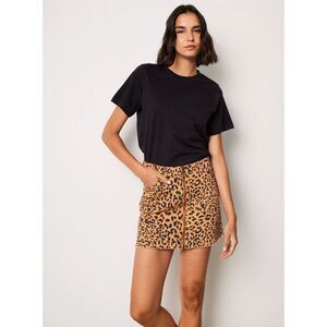 Free People Zip It Up Leopard Print Raw Hem Cotton Denim Mini Skirt Size 28